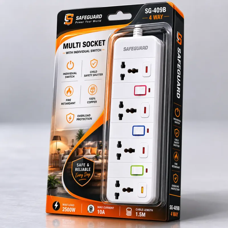 4 Way Multi Socket Extension with Individual Switch | Safeguard SG-409B 2500W | E-GURA SOLUTION Rwanda available online in Rwanda