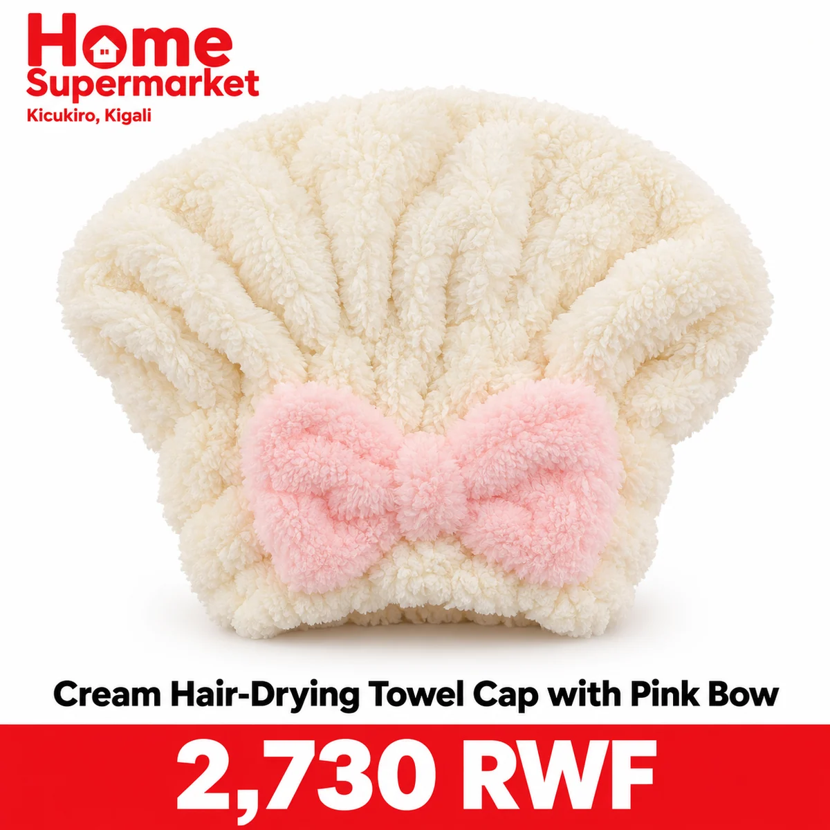 Cream Hair-Drying Towel Cap with Pink Bow available online in Rwanda